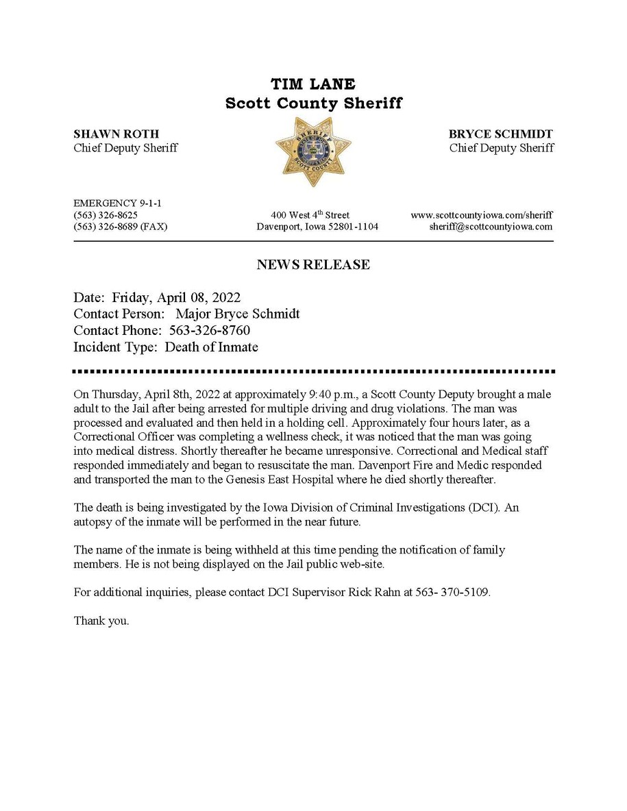 DCI Investigates Scott County Inmate Death Iowa Department of Public